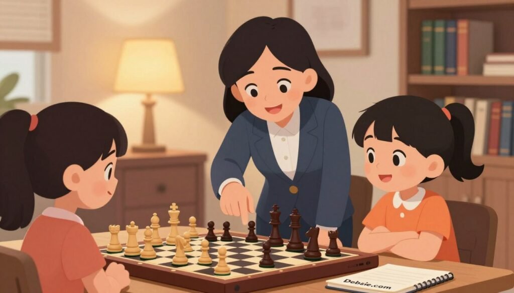 A cozy indoor setting featuring a personalized chess tutoring session, where a female tutor in professional attire guides a young girl, fostering a sense of learning and growth. In the foreground, a chessboard is displayed with pieces in mid-play, symbolizing strategy and focus. The middle ground shows the tutor leaning over the board, pointing out a move with a warm smile, while the student attentively listens, showing eagerness to learn. The background features soft lighting from a lamp and shelves filled with chess books, creating an inviting atmosphere. The image conveys warmth, encouragement, and the excitement of starting a new chess journey. Subtle elements, such as the branding "Debsie.com" on a notebook, enhance the educational aspect without overpowering the scene. A cozy indoor setting featuring a personalized chess tutoring session, where a female tutor in professional attire guides a young girl, fostering a sense of learning and growth. In the foreground, a chessboard is displayed with pieces in mid-play, symbolizing strategy and focus. The middle ground shows the tutor leaning over the board, pointing out a move with a warm smile, while the student attentively listens, showing eagerness to learn. The background features soft lighting from a lamp and shelves filled with chess books, creating an inviting atmosphere. The image conveys warmth, encouragement, and the excitement of starting a new chess journey. Subtle elements, such as the branding "Debsie.com" on a notebook, enhance the educational aspect without overpowering the scene.