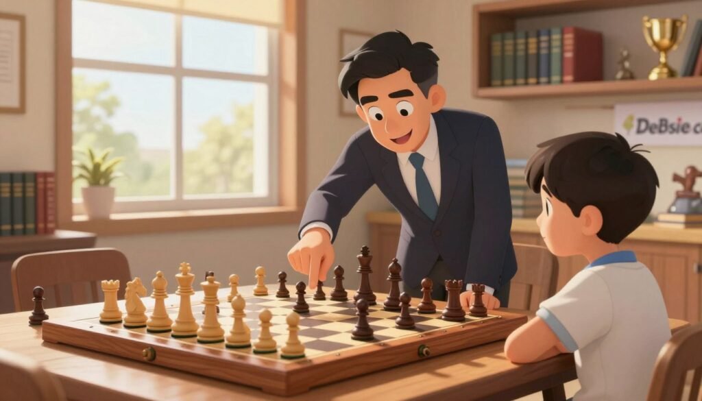A cozy, inviting chess room filled with warm, natural light streaming through a large window. In the foreground, an elegantly crafted wooden chessboard showcases an intense game in progress, with the pieces artfully arranged. A friendly instructor, dressed in professional business attire, leans over the board, pointing at a strategic move while smiling encouragingly at a young learner, who is seated across from them, looking focused and engaged. The background features shelves filled with chess books and trophies, hinting at a passion for the game. A banner with the logo "Debsie.com" is subtly displayed above the board, enhancing the educational atmosphere. The scene conveys a sense of joy and collaboration, perfect for learning chess in a fun and accessible way.