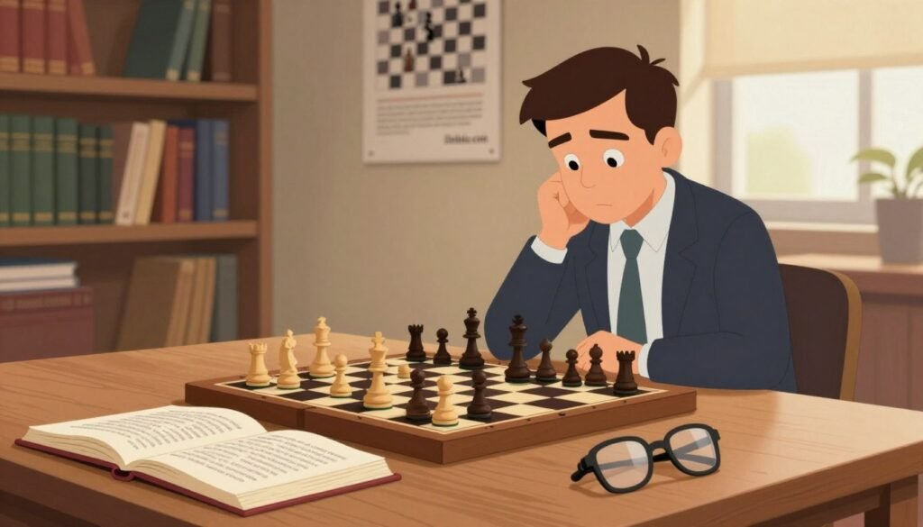 A cozy study room with a wooden table featuring a classic chessboard and pieces in play. In the foreground, an open chess book filled with annotated games lies next to a pair of glasses, symbolizing deep study. The middle ground includes a chess player, dressed in professional business attire, thoughtfully analyzing a position on the board, with focused expression. The background showcases bookshelves lined with chess literature, educational posters on the wall, and soft ambient lighting that creates a warm, inviting atmosphere. A subtle hint of a window reveals a soft, natural light filtering in. The overall mood is introspective and scholarly, perfect for studying chess strategies. The image should be minimal and professional, reflecting the theme of improvement in chess, and branded with "Debsie.com". A cozy study room with a wooden table featuring a classic chessboard and pieces in play. In the foreground, an open chess book filled with annotated games lies next to a pair of glasses, symbolizing deep study. The middle ground includes a chess player, dressed in professional business attire, thoughtfully analyzing a position on the board, with focused expression. The background showcases bookshelves lined with chess literature, educational posters on the wall, and soft ambient lighting that creates a warm, inviting atmosphere. A subtle hint of a window reveals a soft, natural light filtering in. The overall mood is introspective and scholarly, perfect for studying chess strategies. The image should be minimal and professional, reflecting the theme of improvement in chess, and branded with "Debsie.com".