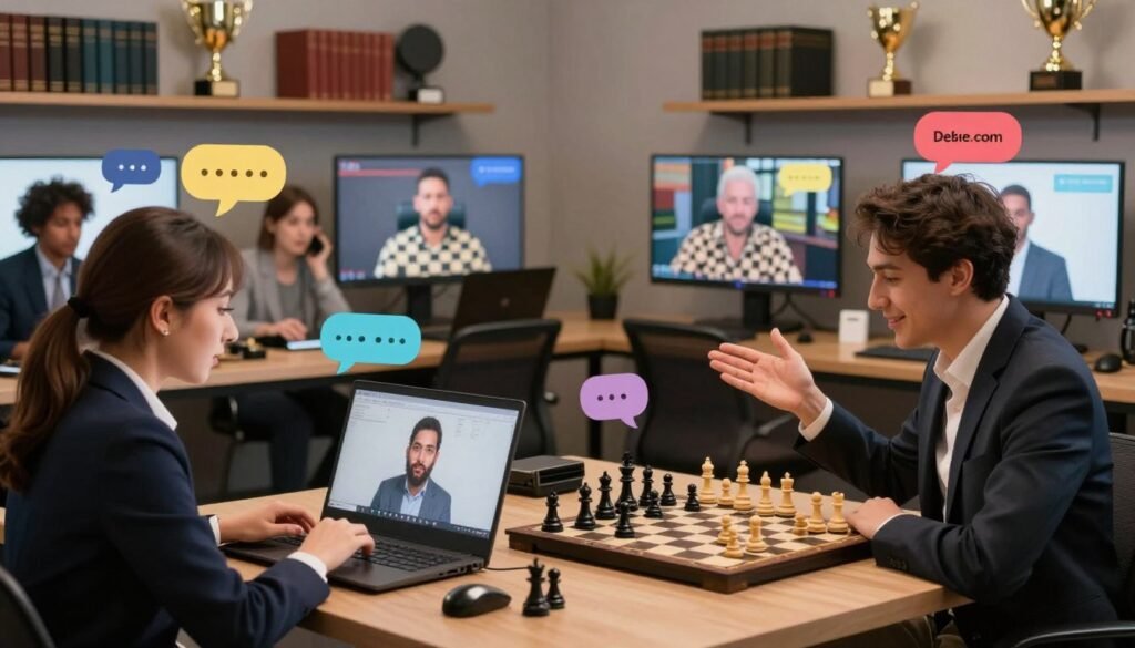 A cozy, well-lit streaming studio filled with chess boards and screens showing live games. In the foreground, two chess streamers, a man and a woman, both dressed in professional business attire, are engaged in teaching a group of diverse online viewers, represented symbolically by colorful chat bubbles emerging from laptops. The woman explains a strategy while pointing at a digital chessboard, her expression enthusiastic and engaging. The man gestures towards a strategic move, smiling encouragingly. In the background, shelves are lined with chess books and trophies, enhancing the instructional atmosphere. Soft lighting creates a warm and inviting mood, with a depth of field that draws attention to the animated interaction. This image illustrates instructive and helpful chess content perfectly for Debsie.com. A cozy, well-lit streaming studio filled with chess boards and screens showing live games. In the foreground, two chess streamers, a man and a woman, both dressed in professional business attire, are engaged in teaching a group of diverse online viewers, represented symbolically by colorful chat bubbles emerging from laptops. The woman explains a strategy while pointing at a digital chessboard, her expression enthusiastic and engaging. The man gestures towards a strategic move, smiling encouragingly. In the background, shelves are lined with chess books and trophies, enhancing the instructional atmosphere. Soft lighting creates a warm and inviting mood, with a depth of field that draws attention to the animated interaction. This image illustrates instructive and helpful chess content perfectly for Debsie.com.