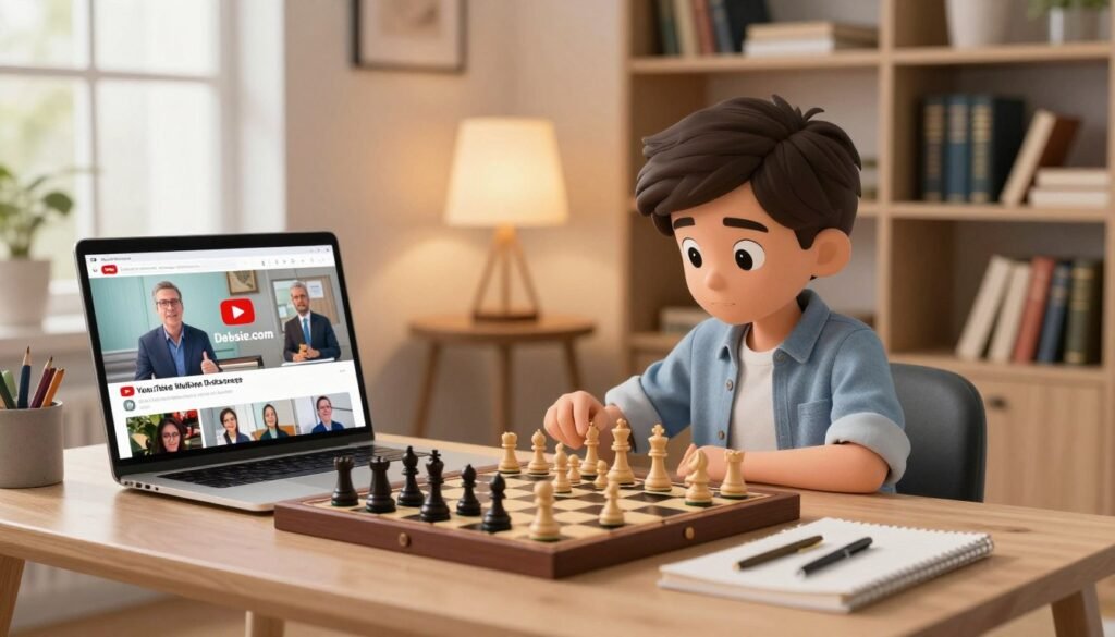 A cozy, well-lit study setting featuring a modern desk with a chessboard prominently displayed. In the foreground, a laptop screens a colorful YouTube video interface showcasing a chess tutorial. The middle of the image should highlight an engaged beginner learning chess, comfortably dressed in casual yet professional attire, focused on the screen. In the background, shelves filled with chess books and a warm lamp create a welcoming atmosphere, reflecting a commitment to learning. Soft natural light filters through a nearby window, casting gentle shadows. The overall mood should be friendly, inviting, and inspiring, promoting a sense of exploration and growth in the world of chess. Include branding elements subtly associated with "Debsie.com" in the decor.