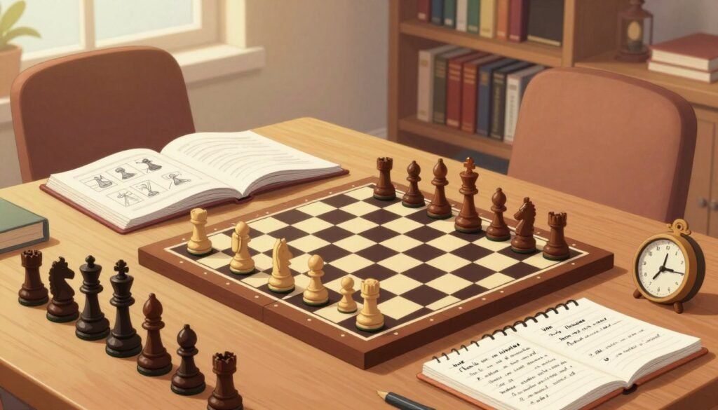A detailed chess training plan laid out on a wooden table, featuring chess books, a chessboard with pieces in strategic positions, and a notepad with handwritten notes on openings and endgames. In the foreground, a set of chess pieces and a classic chess clock. In the middle ground, partially opened chess books with diagrams and strategies, alongside a comfortable chair, inviting study. The background shows a well-lit room with a bookshelf filled with chess literature, creating an atmosphere of focus and dedication. The lighting is warm and soft, imbuing the scene with a sense of calm and inspiration. The overall mood conveys a serious yet approachable study space, perfect for deepening one's chess techniques. Debsie.com