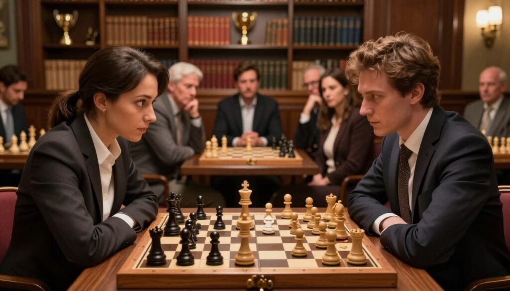 A detailed chessboard scene featuring a dynamic game of Scandinavian Defense in progress. In the foreground, two chess players, a man and a woman, are deeply focused on their moves, dressed in professional business attire. The chessboard is set up prominently, with pawns pushed forward and a queen actively positioned for a strategic defense. The middle ground showcases a softly blurred audience observing the game with interest, creating an engaging atmosphere of competition. In the background, a sophisticated chess club setting with classic wooden shelves filled with chess books and trophies bathed in warm, ambient lighting that conveys a sense of familiarity and concentration. The lens captures a slight overhead angle, showcasing the intricate details of both the players' expressions and the chess pieces. Debsie.com. A detailed chessboard scene featuring a dynamic game of Scandinavian Defense in progress. In the foreground, two chess players, a man and a woman, are deeply focused on their moves, dressed in professional business attire. The chessboard is set up prominently, with pawns pushed forward and a queen actively positioned for a strategic defense. The middle ground showcases a softly blurred audience observing the game with interest, creating an engaging atmosphere of competition. In the background, a sophisticated chess club setting with classic wooden shelves filled with chess books and trophies bathed in warm, ambient lighting that conveys a sense of familiarity and concentration. The lens captures a slight overhead angle, showcasing the intricate details of both the players' expressions and the chess pieces. Debsie.com.