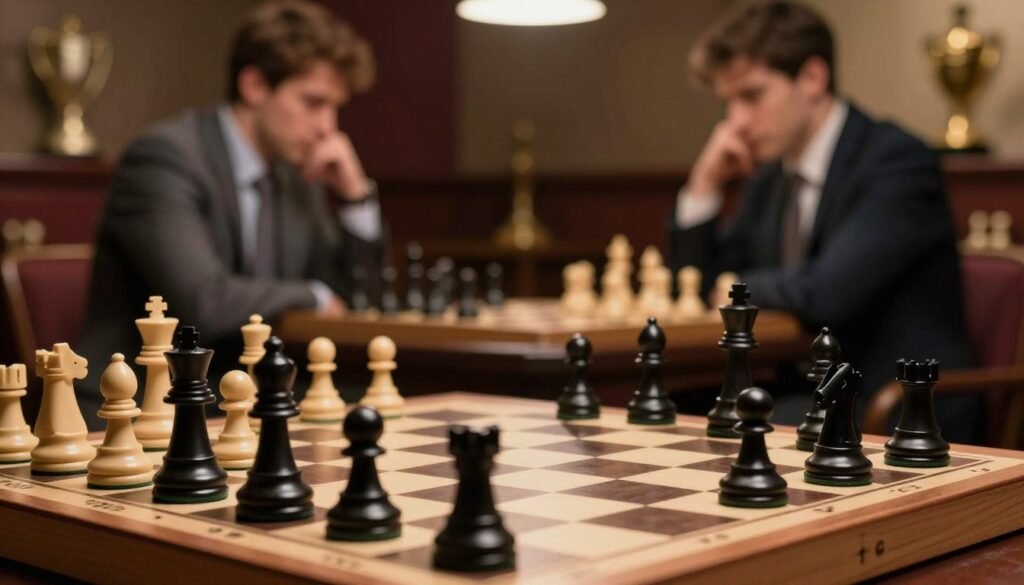 A detailed chessboard scene featuring an intricate pawn structure characteristic of the Sicilian Defense. In the foreground, a close-up of a chessboard highlights a dynamic arrangement of black and white pawns, showcasing typical structures like the c6 and d6 pawns for black. The middle ground presents a blurred view of an intense chess match between two players in professional attire, deeply focused on their strategies. The background softly fades into the dimly lit ambiance of a chess club, with warm tones emanating from vintage chess trophies. The lighting emphasizes the glossy finish of the chess pieces, creating a contemplative and strategic mood. This image is meant to illustrate concepts and strategies from Sicilian games effectively. Created for Debsie.com.