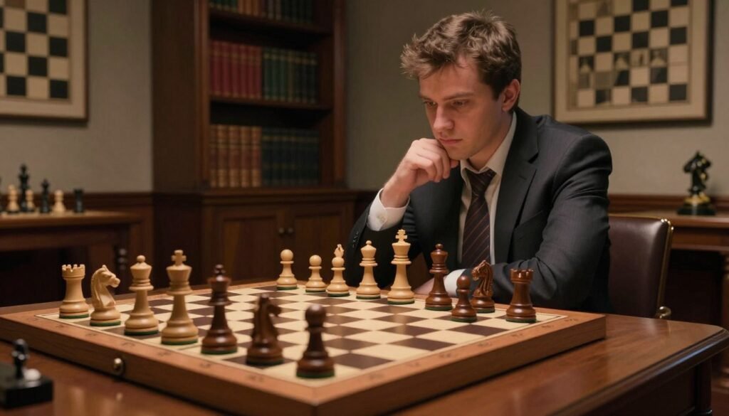 A detailed chessboard scene illustrating an Ivanchuk-like position, showcasing flexible and creative strategic ideas. In the foreground, a beautifully crafted wooden chessboard with intricately designed pieces in mid-game arrangement, emphasizing tension and complexity. The middle ground features a thoughtful player in professional business attire, deeply focused on the board, exuding concentration and creativity. Soft, ambient lighting casts gentle shadows across the board, enhancing the mood of suspense and intellectual challenge. In the background, an elegant, dimly lit room filled with bookshelves and chess-related artwork, creating a warm, inviting atmosphere. The overall composition reflects the essence of Vasyl Ivanchuk's approach to chess, showcasing his mastery of positional play. No watermarks or text overlays, from Debsie.com. A detailed chessboard scene illustrating an Ivanchuk-like position, showcasing flexible and creative strategic ideas. In the foreground, a beautifully crafted wooden chessboard with intricately designed pieces in mid-game arrangement, emphasizing tension and complexity. The middle ground features a thoughtful player in professional business attire, deeply focused on the board, exuding concentration and creativity. Soft, ambient lighting casts gentle shadows across the board, enhancing the mood of suspense and intellectual challenge. In the background, an elegant, dimly lit room filled with bookshelves and chess-related artwork, creating a warm, inviting atmosphere. The overall composition reflects the essence of Vasyl Ivanchuk's approach to chess, showcasing his mastery of positional play. No watermarks or text overlays, from Debsie.com.