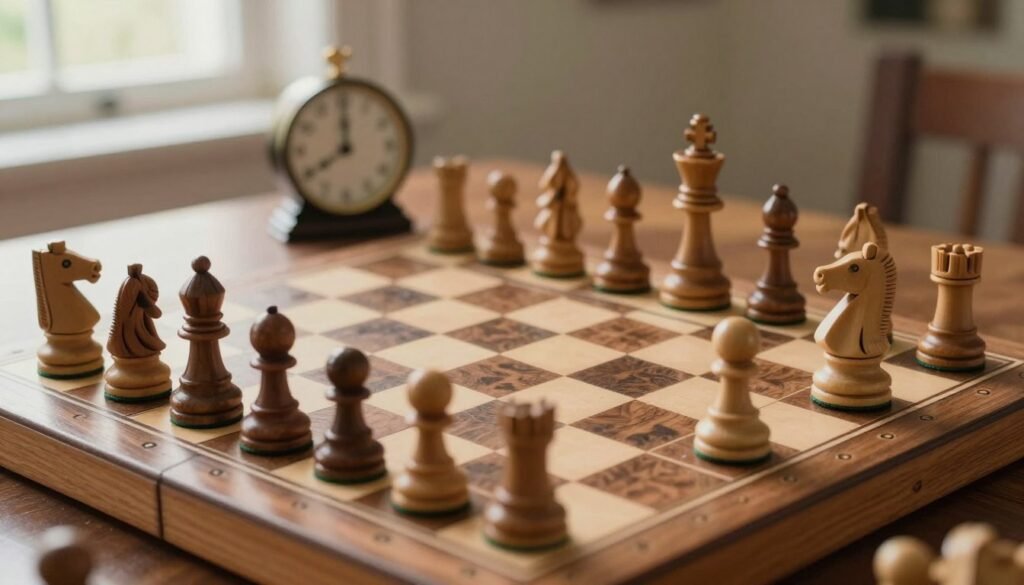 A detailed close-up of a classic wooden chessboard with intricately carved pieces, showcasing a mid-game position with an emphasis on strategic moves. In the foreground, a knight and a bishop stand prominently, while in the background, an elegant chess clock ticks away, adding a sense of urgency. Soft natural light filters through a nearby window, casting gentle shadows that create a thoughtful ambiance. The rich textures of the chess pieces and board highlight the timeless nature of the game. The atmosphere is intense yet serene, reflecting deep concentration and tactical depth. This image should be captured from a slight overhead angle, providing a clear view of the board's layout. No text or logos present, only the beauty of chess as featured on Debsie.com.