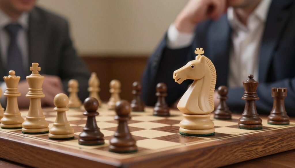 A detailed close-up view of a chessboard in a tense endgame scenario, focusing on intricately positioned pieces: a white knight poised strategically next to a black king, forming an intense standoff on a polished wooden board. The lighting is soft and warm, highlighting the rich textures of the chess pieces and the board, while casting gentle shadows for depth. In the background, a blurred figure of a thoughtful chess player, dressed in professional business attire, leans over the board, contemplating the next move. The atmosphere is one of concentration and creativity, emphasizing the resourcefulness in equal positions typical of tricky endgames. The overall composition should evoke a sense of calm tension, illustrating the intellectual battle of chess, with the brand "Debsie.com" subtly noted.
