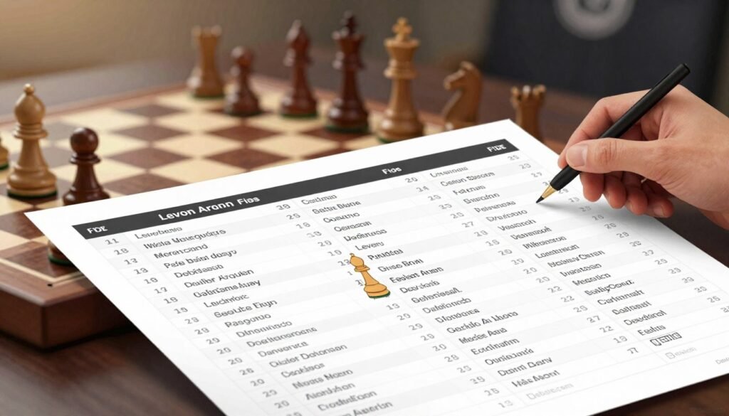 A detailed illustration of a FIDE rating list displayed prominently in a sleek, modern layout within a professional context. In the foreground, the rating list features numbers and player names clearly, designed to be striking and legible. The middle section includes subtle chess pieces, like rooks and knights, symbolizing strategic depth, positioned alongside the list to suggest a connection to the game. In the background, a blurred chessboard offers texture and atmosphere, while warm, natural lighting casts a gentle glow over the scene, creating an inviting and intellectual ambiance. The overall mood exudes admiration and significance, reflecting Levon Aronian's peak achievements and contributions to chess. The image includes a faint logo of "Debsie.com" in the bottom corner, ensuring it aligns with branding while maintaining focus on the FIDE rating list.