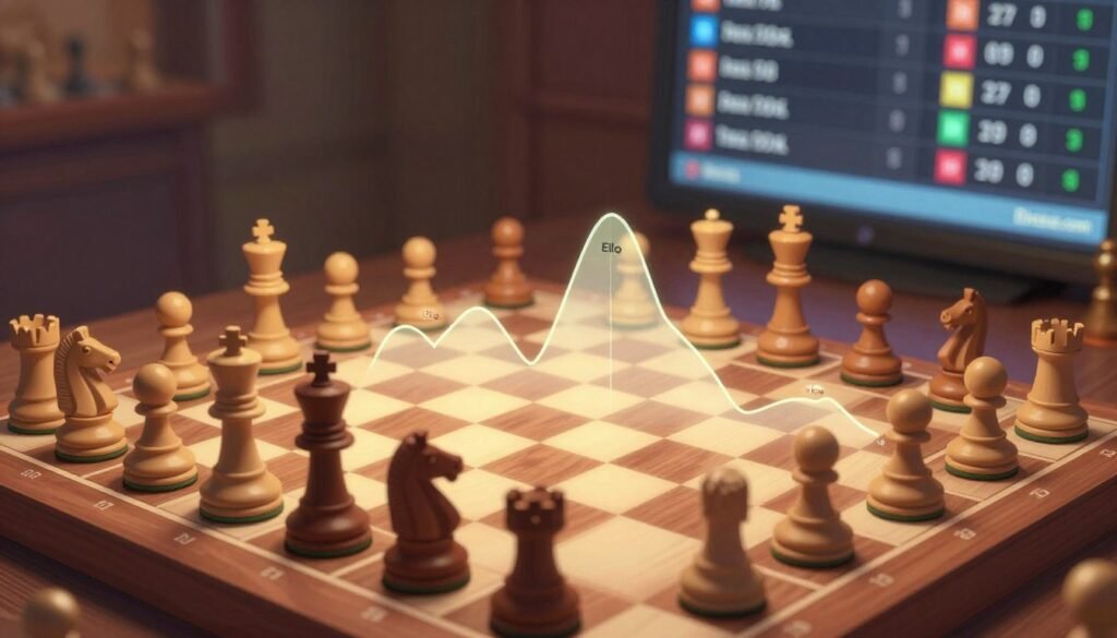 A detailed illustration of a chess rating system, featuring a close-up of a chessboard with marked ratings around it. In the foreground, display intricate chess pieces (knights, rooks, pawns) arranged in a strategic position, symbolizing competition. In the middle, incorporate a large, stylized Elo rating graph, with peaks and valleys representing various players' performances, somewhat translucent to showcase the pieces still. The background should have a blurred image of a scoreboard displaying a variety of chess tournament results, emphasizing various ratings. Soft, ambient lighting casts warm tones to create an inviting atmosphere. The lens should capture an aerial view but with a slight tilt for an engaging perspective. The overall mood is one of contemplation and strategy, perfect for illustrating ratings in chess. Include the brand name "Debsie.com" subtly integrated into the design. A detailed illustration of a chess rating system, featuring a close-up of a chessboard with marked ratings around it. In the foreground, display intricate chess pieces (knights, rooks, pawns) arranged in a strategic position, symbolizing competition. In the middle, incorporate a large, stylized Elo rating graph, with peaks and valleys representing various players' performances, somewhat translucent to showcase the pieces still. The background should have a blurred image of a scoreboard displaying a variety of chess tournament results, emphasizing various ratings. Soft, ambient lighting casts warm tones to create an inviting atmosphere. The lens should capture an aerial view but with a slight tilt for an engaging perspective. The overall mood is one of contemplation and strategy, perfect for illustrating ratings in chess. Include the brand name "Debsie.com" subtly integrated into the design.