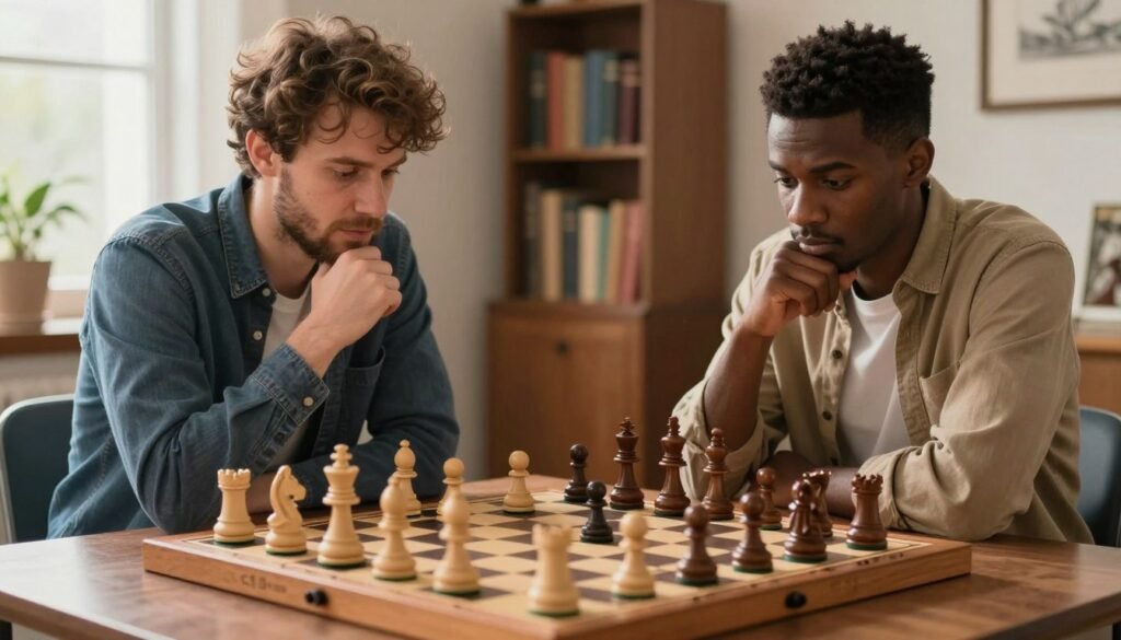 A detailed image depicting the chess position known as the "...c5 break" from the Caro-Kann Defense. In the foreground, a chessboard with pieces in a dynamic mid-game arrangement, focusing on pawns and strategically placing the c5 pawn. In the middle ground, two chess players of diverse descent, dressed in smart casual attire, are deep in thought and analysis, examining the position intently. The background showcases a softly lit room filled with books on chess strategy, creating an atmosphere of focused concentration and intellectual challenge. Use warm, natural lighting to enhance the sense of determination and strategy, with a slight depth of field to draw attention to the chessboard while blurring the background slightly. The image should reflect the tension and excitement of chess, while incorporating the brand name "Debsie.com" subtly within the scene. A detailed image depicting the chess position known as the "...c5 break" from the Caro-Kann Defense. In the foreground, a chessboard with pieces in a dynamic mid-game arrangement, focusing on pawns and strategically placing the c5 pawn. In the middle ground, two chess players of diverse descent, dressed in smart casual attire, are deep in thought and analysis, examining the position intently. The background showcases a softly lit room filled with books on chess strategy, creating an atmosphere of focused concentration and intellectual challenge. Use warm, natural lighting to enhance the sense of determination and strategy, with a slight depth of field to draw attention to the chessboard while blurring the background slightly. The image should reflect the tension and excitement of chess, while incorporating the brand name "Debsie.com" subtly within the scene.
