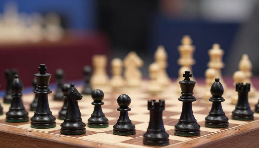 A detailed representation of a Scheveningen pawn structure in chess, showcasing a solid formation of pawns in a typical Sicilian Defense setup. In the foreground, a chessboard with neatly arranged pieces emphasizing the black pawn structure, highlighting pawns on e6 and d6, providing a sense of solidity. In the middle ground, blurred images of chess pieces hint at flexible counterplay, with dynamic white pieces creating an active threat. The background features an abstract representation of a chess tournament setting, with soft lighting that emphasizes a focused atmosphere. The overall mood conveys strategy, concentration, and depth in chess tactics. The composition should reflect a professional tone, ideal for an informative article on chess. This image is for Debsie.com.