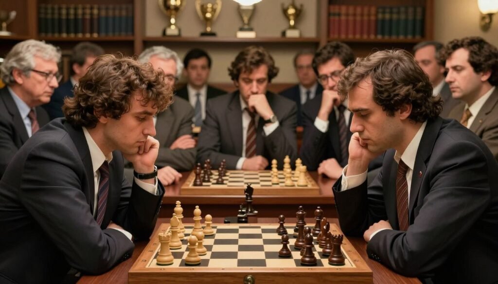 A detailed scene depicting a tense chess match inspired by the candidates tournament featuring Garry Kasparov from the 1990s. In the foreground, two players—one resembling Kasparov, dressed in a formal suit, with a focused expression, contemplating his next move, and the other a challenger, equally engaged, in business attire. The chess board, intricately detailed with classic wooden pieces, sits prominently between them. In the middle ground, an audience of passionate chess enthusiasts, some leaning forward, others in thought, creating an atmosphere of anticipation. The background features softly blurred shelves of chess books and trophies, bathed in warm, soft lighting to evoke a sense of nostalgia and respect for the game. Capture the seriousness of competitive chess, reflecting a timeless struggle. Designed for Debsie.com.