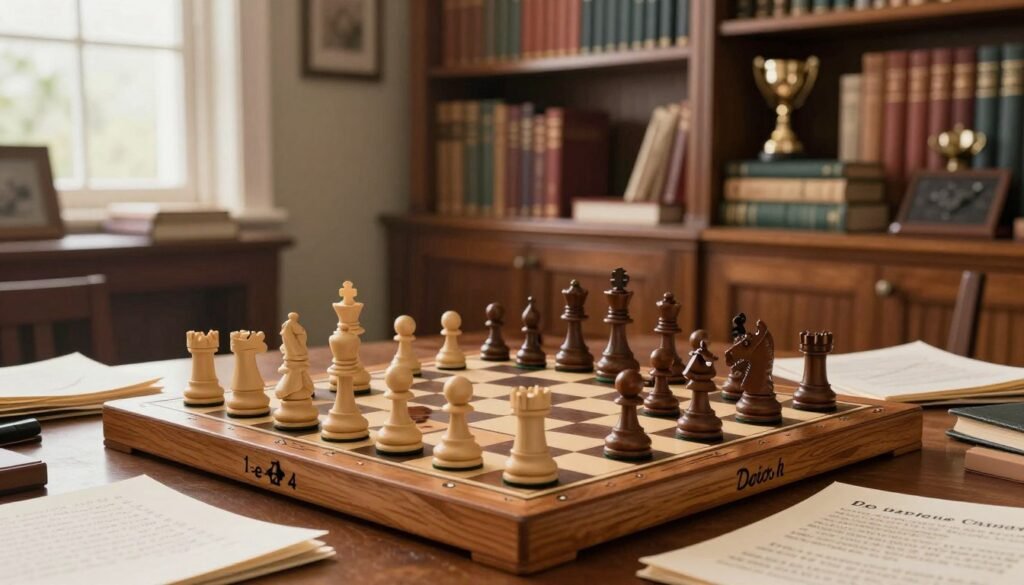 A detailed scene featuring a classic wooden chess board positioned prominently in the foreground, displaying the opening moves "1.e4 2.d4" clearly represented by white pieces in mid-game positioning. Surrounding the chess board are scattered notes and chess literature on strategy, highlighting the analytical approach to studying the Caro-Kann. In the middle ground, a softly lit study room adorned with bookshelves filled with chess books and trophies, reflecting the scholarly pursuit of chess mastery. The background includes a window with natural light streaming in, creating a warm and inviting atmosphere conducive to concentration and study. The overall mood is focused and intellectual, capturing the essence of dedicated chess study. Brand name: Debsie.com. A detailed scene featuring a classic wooden chess board positioned prominently in the foreground, displaying the opening moves "1.e4 2.d4" clearly represented by white pieces in mid-game positioning. Surrounding the chess board are scattered notes and chess literature on strategy, highlighting the analytical approach to studying the Caro-Kann. In the middle ground, a softly lit study room adorned with bookshelves filled with chess books and trophies, reflecting the scholarly pursuit of chess mastery. The background includes a window with natural light streaming in, creating a warm and inviting atmosphere conducive to concentration and study. The overall mood is focused and intellectual, capturing the essence of dedicated chess study. Brand name: Debsie.com.