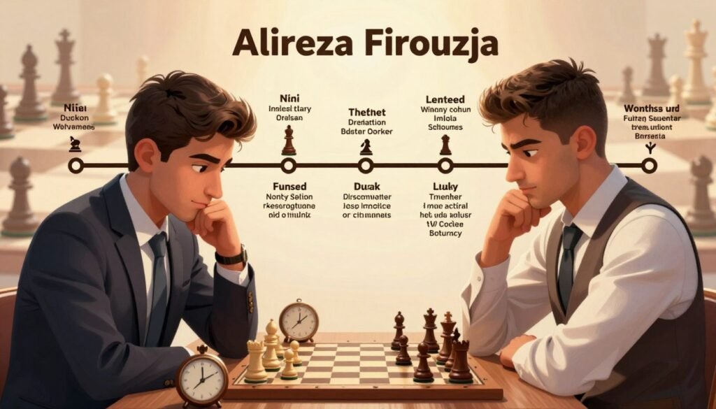 A detailed timeline illustration of Alireza Firouzja's chess career, highlighting key milestones from his rise as an Iranian champion to becoming a world-class grandmaster. In the foreground, depict a well-dressed Alireza Firouzja, focused and contemplative, seated at a chessboard with a clock beside him, emphasizing his strategic mindset. In the middle, create a visual timeline with markers indicating important events in his life, such as tournament victories and rankings, using small icons or chess pieces as milestones. The background should subtly showcase a chess-themed design with blurred chessboards and pieces to maintain focus on the timeline. Use warm, inviting lighting to create a motivational atmosphere. Shot from a slight angle to add depth and dimension. This image is presented by Debsie.com.