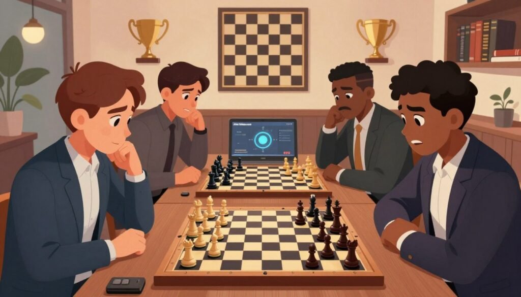 A digital illustration featuring a diverse group of four elite chess players engaged in a thrilling online chess match. In the foreground, show a close-up of a laptop screen displaying a vibrant, dynamic chessboard with pieces in mid-game. The players, dressed in professional business attire, are focused and expressive, showcasing a range of emotions from concentration to excitement. In the middle ground, include a cozy, informal setting with stylish decor, subtle lighting that creates a warm atmosphere. The background can feature wall-mounted chess trophies and bookshelves filled with chess literature, hinting at their proficiency. The overall mood should be inspiring and energetic, highlighting the competitive spirit of the online chess community. Include the brand name "Debsie.com" subtly integrated into the scene without overpowering the visual elements. A digital illustration featuring a diverse group of four elite chess players engaged in a thrilling online chess match. In the foreground, show a close-up of a laptop screen displaying a vibrant, dynamic chessboard with pieces in mid-game. The players, dressed in professional business attire, are focused and expressive, showcasing a range of emotions from concentration to excitement. In the middle ground, include a cozy, informal setting with stylish decor, subtle lighting that creates a warm atmosphere. The background can feature wall-mounted chess trophies and bookshelves filled with chess literature, hinting at their proficiency. The overall mood should be inspiring and energetic, highlighting the competitive spirit of the online chess community. Include the brand name "Debsie.com" subtly integrated into the scene without overpowering the visual elements.
