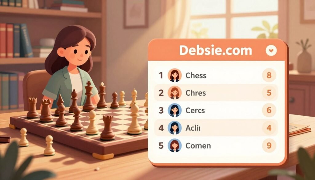 A digital illustration showcasing a modern leaderboard for chess, titled "Debsie.com". In the foreground, a beautifully designed leaderboard displays player rankings with elegant icons representing female chess players, all dressed in professional attire. The middle ground features a chessboard with intricately crafted pieces, some in motion, symbolizing competition and strategy. The background is a cozy, warmly lit room filled with bookshelves lined with chess literature, creating an inviting atmosphere for intellectual pursuit. Soft, natural light streams through a window, casting gentle shadows across the scene. The overall mood is one of inspiration and empowerment, highlighting the world of competitive chess for women in a friendly and inviting setting. A digital illustration showcasing a modern leaderboard for chess, titled "Debsie.com". In the foreground, a beautifully designed leaderboard displays player rankings with elegant icons representing female chess players, all dressed in professional attire. The middle ground features a chessboard with intricately crafted pieces, some in motion, symbolizing competition and strategy. The background is a cozy, warmly lit room filled with bookshelves lined with chess literature, creating an inviting atmosphere for intellectual pursuit. Soft, natural light streams through a window, casting gentle shadows across the scene. The overall mood is one of inspiration and empowerment, highlighting the world of competitive chess for women in a friendly and inviting setting.