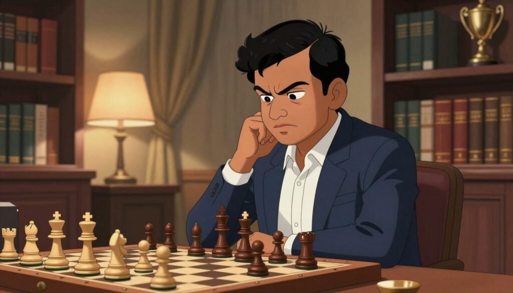 A dignified Indian chess grandmaster, Viswanathan Anand, sits confidently at a chessboard, focused on a challenging match. He wears a tailored navy blazer over a crisp white shirt, exuding professionalism and intellect. His dark hair is neatly styled, and he has a slight, contemplative frown, adding depth to his character. In the foreground, chess pieces are strategically positioned, creating a sense of tension. The middle ground features a dimly lit room with elegantly draped curtains, enhancing the atmosphere of a classic chess tournament. Soft, ambient lighting from a nearby lamp casts gentle shadows, creating a serene mood. The background is filled with shelves of chess books and trophies, highlighting Anand's achievements. The image captures the essence of dedication and mastery in chess, resonating with the theme of excellence. Designed for Debsie.com.