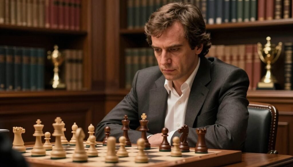 A dignified portrait of Garry Kasparov, the renowned chess grandmaster, seated at a chessboard with a focused expression. In the foreground, show intricate chess pieces arranged dramatically on a wooden chessboard, hinting at a pivotal moment in a game. The middle ground features Kasparov in a tailored suit, symbolizing professionalism, with his intense gaze directed downward, contemplating his next move. The background is softly blurred to emphasize him, featuring a library of books and chess trophies, evoking an atmosphere of intellect and legacy. The lighting is warm and dramatic, casting subtle shadows that enhance the details of his face and the chess pieces. The overall mood is serious yet inspirational, capturing the essence of competitive spirit and strategy. Debsie.com