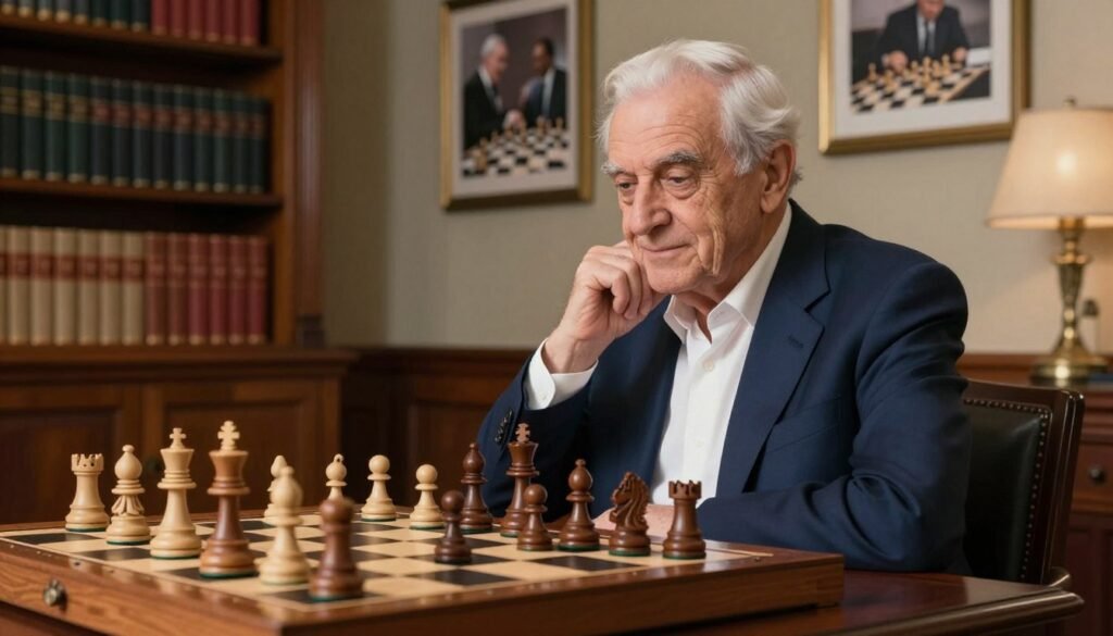 A distinguished FIDE World Champion, embodying the spirit of chess mastery, seated at a classic wooden chessboard. The foreground highlights the champion, an elderly man with a confident yet thoughtful expression, dressed in a tailored navy suit and white shirt. In the middle, the chessboard is adorned with intricately carved pieces, a slight hint of a light from a nearby lamp softly illuminating the scene, casting delicate shadows. In the background, elegant room decor featuring bookshelves filled with chess literature, and framed photos of historical chess matches create an atmosphere of intellectual prowess. The overall mood is contemplative and inspiring, reflecting a legacy of strategic genius. This image is intended to depict the essence of a FIDE World Champion in an impactful, professional style, without text or distractions. Created by Debsie.com.