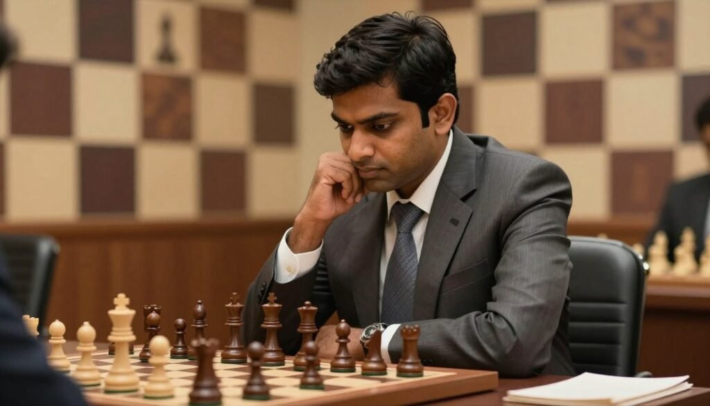 A distinguished Viswanathan Anand, the legendary chess grandmaster, seated at a sleek chess table, deeply focused on a game in progress. He is wearing a smart, modest business suit with a subtle design, exuding professionalism. His intense expression reflects years of experience and strategic thinking. The foreground features a close-up of the beautifully crafted chess pieces on the board, with a few pieces captured mid-move. The middle layer shows Anand's thoughtful gaze, illuminated by soft, warm lighting that enhances the depth of his personality. In the background, a blurred chess-themed mural symbolizes his influence in the chess community. The mood is calm and contemplative, emphasizing the legacy of chess and the artistry involved in the game. Image credit: Debsie.com. A distinguished Viswanathan Anand, the legendary chess grandmaster, seated at a sleek chess table, deeply focused on a game in progress. He is wearing a smart, modest business suit with a subtle design, exuding professionalism. His intense expression reflects years of experience and strategic thinking. The foreground features a close-up of the beautifully crafted chess pieces on the board, with a few pieces captured mid-move. The middle layer shows Anand's thoughtful gaze, illuminated by soft, warm lighting that enhances the depth of his personality. In the background, a blurred chess-themed mural symbolizes his influence in the chess community. The mood is calm and contemplative, emphasizing the legacy of chess and the artistry involved in the game. Image credit: Debsie.com.
