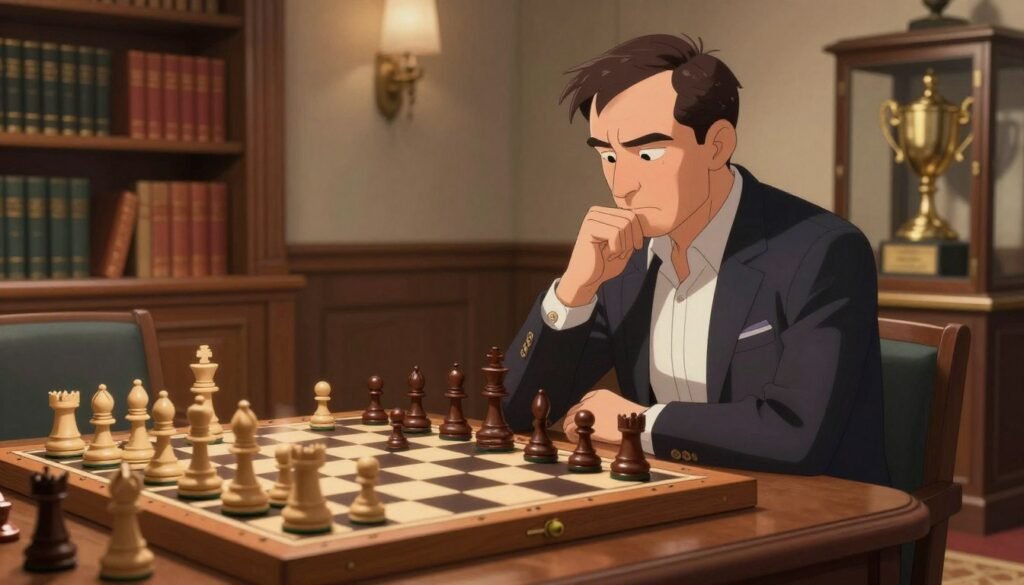 A distinguished chess player, elegantly dressed in a tailored blazer and smart trousers, is deep in thought at a chessboard, surrounded by an array of beautifully crafted chess pieces. The foreground highlights the intensity of the game, with his focused expression illuminated by a soft, warm light that casts gentle shadows. In the middle, the chessboard is meticulously arranged, showcasing key pieces in a dramatic mid-game position, symbolizing strategic depth. The background features a sophisticated room with subtle wooden accents, shelves lined with chess books, and a vintage trophy cabinet, reinforcing the atmosphere of legacy and excellence. The mood is contemplative and reverent, capturing the essence of "greatest of all time" debates in the chess world. The scene is framed from a slightly elevated angle, enhancing the visual depth and inviting viewers into this world of strategic brilliance. Debsie.com. A distinguished chess player, elegantly dressed in a tailored blazer and smart trousers, is deep in thought at a chessboard, surrounded by an array of beautifully crafted chess pieces. The foreground highlights the intensity of the game, with his focused expression illuminated by a soft, warm light that casts gentle shadows. In the middle, the chessboard is meticulously arranged, showcasing key pieces in a dramatic mid-game position, symbolizing strategic depth. The background features a sophisticated room with subtle wooden accents, shelves lined with chess books, and a vintage trophy cabinet, reinforcing the atmosphere of legacy and excellence. The mood is contemplative and reverent, capturing the essence of "greatest of all time" debates in the chess world. The scene is framed from a slightly elevated angle, enhancing the visual depth and inviting viewers into this world of strategic brilliance. Debsie.com.