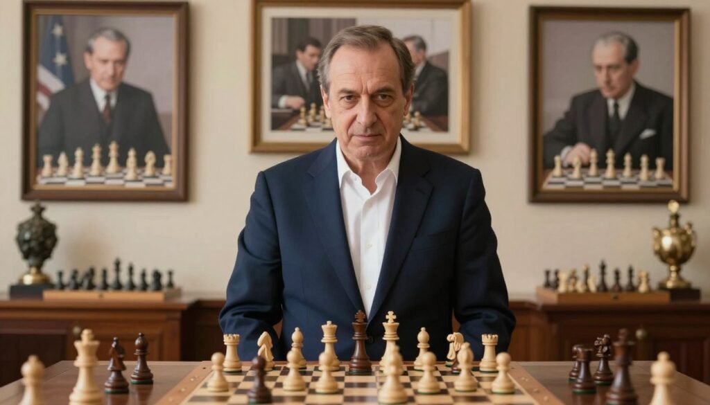A distinguished likeness of a middle-aged male FIDE President, dressed in a tailored navy suit and a crisp white shirt, stands confidently in a well-lit room filled with chess memorabilia. In the foreground, a polished wooden chessboard is set up, featuring a classic match in progress, symbolizing strategic thought. The middle ground showcases large, framed photographs of historical chess matches and influential figures in the background. Soft, warm lighting accentuates the facial features and creates an atmosphere of seriousness and leadership. A gentle focus blurs the background slightly to emphasize the subject, capturing the essence of chess politics during World War II. The overall mood conveys a sense of respect and authority in the realm of chess, perfect for illuminating the intersection of politics and the game. Image courtesy of Debsie.com.