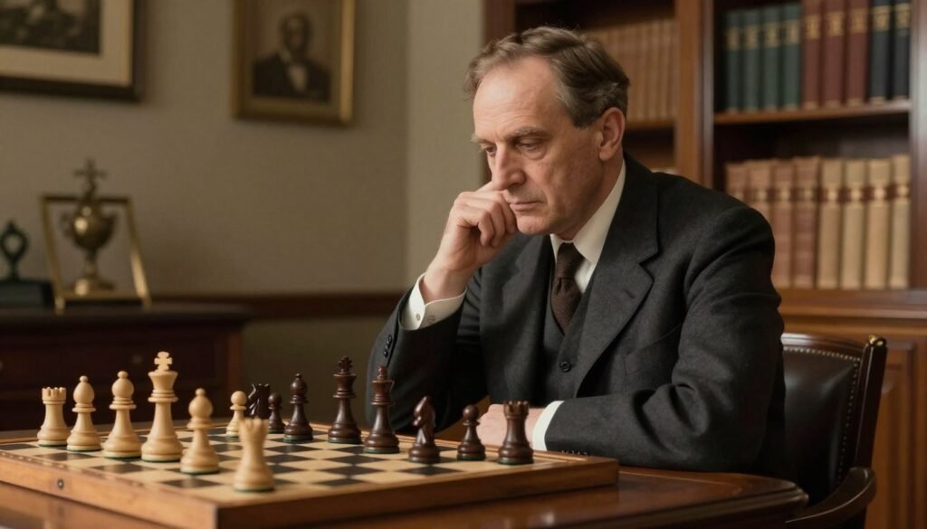 A distinguished portrait of Emanuel Lasker, an early 20th-century chess champion. He is depicted seated at a classic wooden chess table, thoughtfully contemplating his next move. Lasker is dressed in formal business attire, showcasing a dark suit with a light-colored shirt and a tie, exuding an air of intellect and authority. The mid-ground features well-worn chess pieces, hinting at a long history of games. Soft, warm lighting enhances the atmosphere, casting gentle shadows that emphasize his focused expression. The background is adorned with vintage chess memorabilia and bookshelves lined with chess theory texts, creating a scholarly environment. The image captures a sense of deep concentration and the spirit of classic chess. (Debsie.com) A distinguished portrait of Emanuel Lasker, an early 20th-century chess champion. He is depicted seated at a classic wooden chess table, thoughtfully contemplating his next move. Lasker is dressed in formal business attire, showcasing a dark suit with a light-colored shirt and a tie, exuding an air of intellect and authority. The mid-ground features well-worn chess pieces, hinting at a long history of games. Soft, warm lighting enhances the atmosphere, casting gentle shadows that emphasize his focused expression. The background is adorned with vintage chess memorabilia and bookshelves lined with chess theory texts, creating a scholarly environment. The image captures a sense of deep concentration and the spirit of classic chess. (Debsie.com)