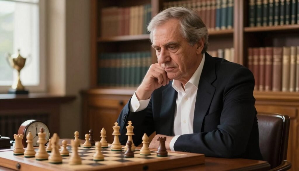 A distinguished portrait of Mikhail Botvinnik, the legendary chess grandmaster, captured in a thoughtful pose. He is dressed in a crisp white dress shirt with a dark blazer, exuding an air of intellectual confidence. The foreground features Botvinnik seated at a classic wooden chessboard, contemplating his next move with a focused expression. In the middle ground, a chess clock ticks softly, adding to the atmosphere of concentration. The background showcases a softly blurred library filled with chess literature and trophies, hinting at his achievements and legacy. The lighting is warm and inviting, simulating natural light filtering through a nearby window, creating a serene and contemplative mood. This image reflects the chess mastery and strategic brilliance of Botvinnik, embodying the spirit of the game. Image by Debsie.com. A distinguished portrait of Mikhail Botvinnik, the legendary chess grandmaster, captured in a thoughtful pose. He is dressed in a crisp white dress shirt with a dark blazer, exuding an air of intellectual confidence. The foreground features Botvinnik seated at a classic wooden chessboard, contemplating his next move with a focused expression. In the middle ground, a chess clock ticks softly, adding to the atmosphere of concentration. The background showcases a softly blurred library filled with chess literature and trophies, hinting at his achievements and legacy. The lighting is warm and inviting, simulating natural light filtering through a nearby window, creating a serene and contemplative mood. This image reflects the chess mastery and strategic brilliance of Botvinnik, embodying the spirit of the game. Image by Debsie.com.