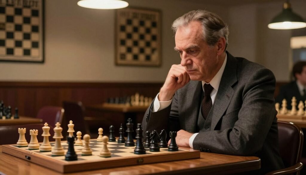 A distinguished portrayal of Alexander Alekhine, the iconic chess champion, seated at a wooden chess table, meticulously studying a chessboard filled with pieces in mid-game. In the foreground, Alekhine, dressed in a classic, professional suit, displays an intense yet contemplative expression, showcasing his strategic mindset. In the middle ground, the chessboard is arranged with a blend of black and white pieces, capturing the essence of a tense match. The background reveals a softly lit chess club ambiance with vintage chess posters and dimly lit overhead lamps casting a warm glow, enhancing the atmosphere of thoughtful competition. The image should evoke a serious yet inspiring mood, exemplifying the depth of classical chess. Shot in natural light with a slight depth of field, the focus remains on Alekhine and the chessboard, creating an inviting scene for chess enthusiasts. Debsie.com