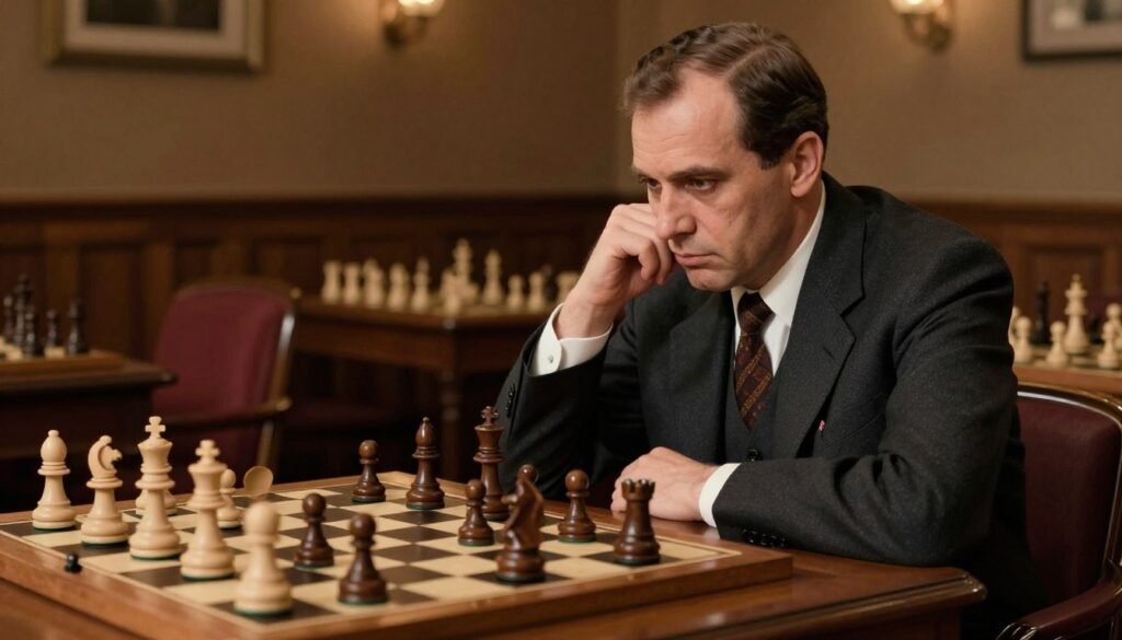 A distinguished world chess champion from the late 1950s, depicted sitting at a classic wooden chess table, intently contemplating his next move. The foreground features a well-dressed man in a tailored dark suit, with an elegant tie, representing Vasily Smyslov, showcasing his focused expression and analytical gaze. In the middle ground, pieces from a traditional chess set are prominently displayed, highlighting the tension of a critical match. The background suggests an atmospheric chess club, adorned with rich, warm wood tones, dimly lit with soft, focused lighting that casts subtle shadows, creating an intense and contemplative mood. Emphasize an aura of strategy, skill, and historical significance. Image brand: Debsie.com.