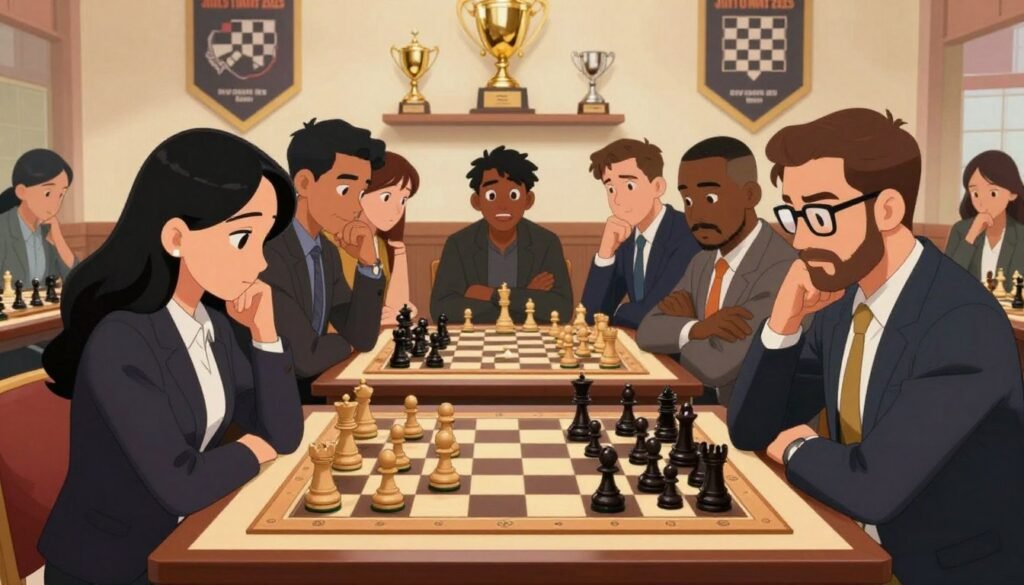 A diverse chess team gathered around a large, ornate chess table, deep in thought and strategy. In the foreground, a focused female chess player with long black hair, dressed in professional business attire, intently studies the game. Opposite her, a serious male player with glasses and a neat beard contemplates his next move. In the middle ground, the excitement and tension of the moment are palpable, with team members of various ethnicities observing and discussing in animated whispers. The background features a brightly lit room adorned with chess trophies and banners, symbolizing successes in Olympiads and World Team Events. Soft, warm lighting enhances the collaborative atmosphere, evoking a sense of unity and intellect in the pursuit of chess mastery. The scene embodies teamwork and strategic thinking, representing the essence of chess competition. This image is created for Debsie.com.