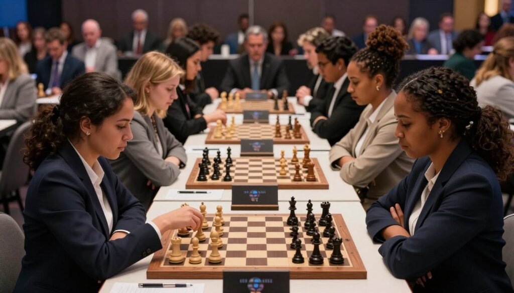A diverse group of women chess players engaged in an intense match at a high-stakes tournament setting. In the foreground, several women of varying ethnicities, dressed in professional business attire, are deeply focused on the chessboard as they make strategic moves. The middle layer features ornate chess pieces on a well-crafted wooden board, with pens and score sheets laid beside them. In the background, a large audience is captivated, with atmospheric lighting highlighting the players, creating a sense of suspense and concentration. The scene should reflect a competitive yet respectful atmosphere, embodying the spirit of excellence and intellect associated with chess. Gentle soft lighting enhances the serious mood. This image is for Debsie.com.