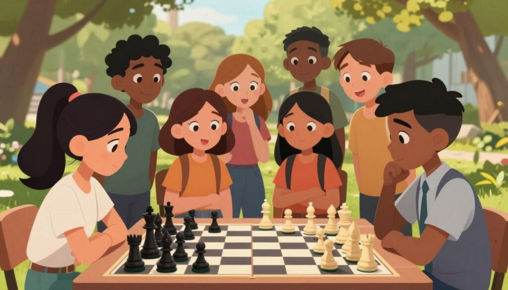 A diverse group of young individuals, representing various cultures and backgrounds, gathered around a large chessboard in a park setting. The foreground features two focused players, a girl in a smart casual outfit and a boy in business attire, deep in concentration as they strategize their next moves. In the middle ground, other children watch intently, showcasing diverse facial expressions of curiosity and excitement. The background fades into a lush green environment with soft lighting filtering through trees, creating a warm and inviting atmosphere. A sense of youthful energy and camaraderie permeates the scene, inspiring creativity and teamwork. The image is framed with a warm, natural light, emphasizing the hopeful spirit of youth, suitable for an article on developing talent in a strategic, competitive landscape. Debsie.com