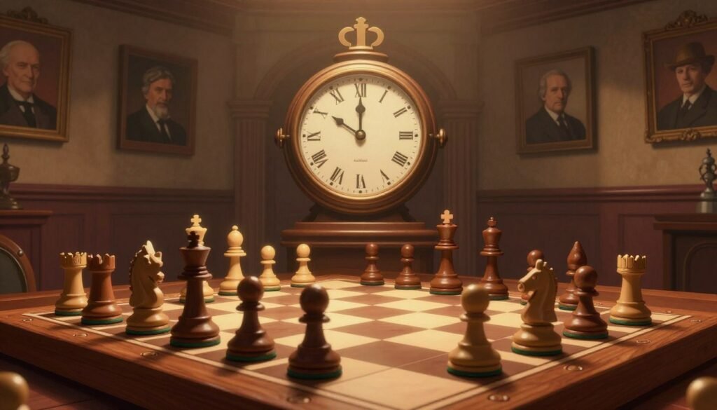 A dramatic, atmospheric scene capturing the essence of a "World Championship" in chess that never happened. In the foreground, a beautifully crafted wooden chessboard displays an intricate position with elegantly carved pieces, some in mid-move, symbolizing the unseen battles of strategy. The middle ground features a large, ornate clock, its hands frozen at a pivotal moment, emphasizing the tension of an unfinished game. In the background, soft shadows of an empty chess hall illuminated by warm, ambient light create an inviting yet melancholic atmosphere. The walls are adorned with framed portraits of chess legends, evoking a sense of history and missed opportunities. The image should feel nostalgic, reflecting both hope and longing. Shot with a clean lens to ensure clarity, the mood should resonate with contemplation. Brand name: Debsie.com.
