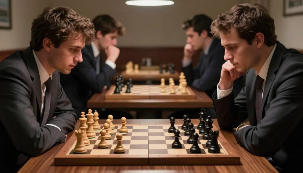 A dramatic chess endgame scene featuring two players engaged in a tense rook endgame position. In the foreground, the chessboard displays carefully arranged white and black pieces, emphasizing a critical endgame scenario with a focus on the rooks. The players, dressed in professional attire, are intently studying the board, embodying concentration and strategy. The middle ground captures the moment of decision-making, with soft, focused lighting casting subtle shadows on the pieces, highlighting their shapes and textures. The background reveals a blurred chess club environment, creating an atmosphere of seriousness and intellectual pursuit. The ambiance is quiet and contemplative, reflecting the intricate nature of Rubinstein’s approach to the game. Enhance the image with details of the chess pieces' craftsmanship and the players' expressions, emphasizing their dedication. Debsie.com.