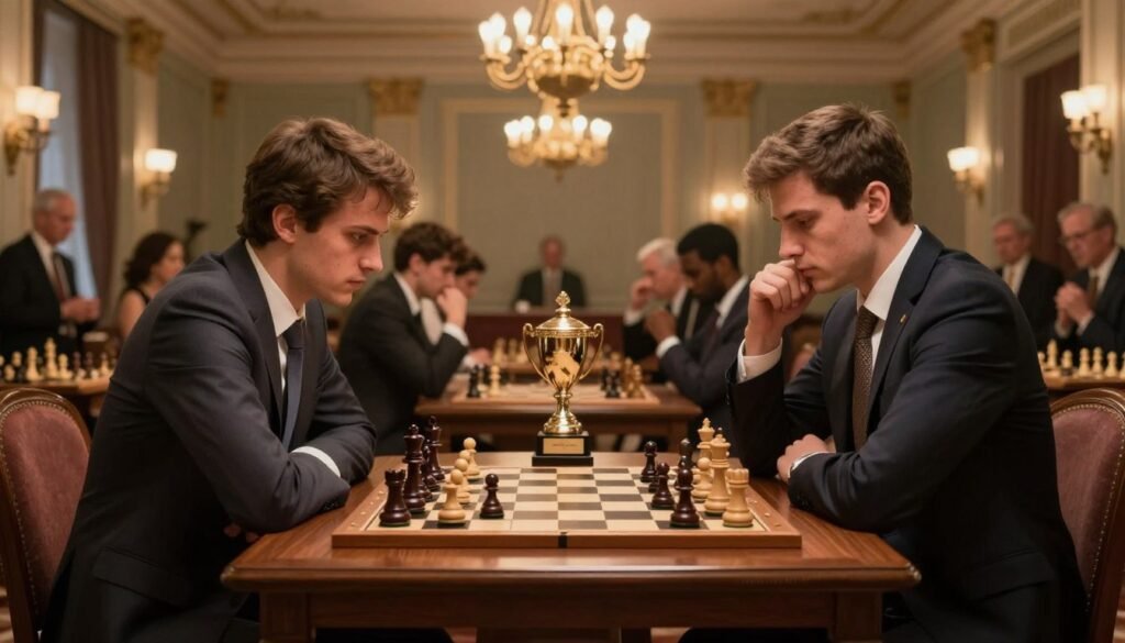 A dramatic chess match in a prestigious tournament setting, showcasing two well-dressed players seated at an elegant wooden chessboard. In the foreground, the intensity of their focused expressions reveals a world championship atmosphere. The middle ground highlights a lavishly decorated room with ornate chandeliers and spectators engaged in the background, all dressed in formal attire. Soft, warm lighting illuminates the scene, casting gentle shadows that enhance the depth. A polished trophy gleams prominently on a nearby table, symbolizing victory and achievement. The overall mood is tense yet respectful, capturing the essence of competition and strategy, ideal for the theme of world champions in chess. Include the brand name "Debsie.com". A dramatic chess match in a prestigious tournament setting, showcasing two well-dressed players seated at an elegant wooden chessboard. In the foreground, the intensity of their focused expressions reveals a world championship atmosphere. The middle ground highlights a lavishly decorated room with ornate chandeliers and spectators engaged in the background, all dressed in formal attire. Soft, warm lighting illuminates the scene, casting gentle shadows that enhance the depth. A polished trophy gleams prominently on a nearby table, symbolizing victory and achievement. The overall mood is tense yet respectful, capturing the essence of competition and strategy, ideal for the theme of world champions in chess. Include the brand name "Debsie.com".