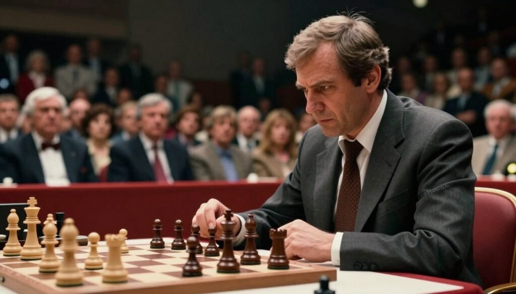A dramatic chess match scene from the 1981 World Chess Championship between Viktor Korchnoi and Anatoly Karpov. In the foreground, Viktor Korchnoi, a focused and intense middle-aged man with a determined expression, is seated at a chess table, dressed in a professional business suit, staring intently at the chessboard. The middle ground features an elegantly set chessboard with pieces mid-game, showcasing various strategic positions. In the background, a large audience watches in rapt attention, with spotlights casting a warm glow over the scene, enhancing the tension and atmosphere of the match. The image captures the essence of a high-stakes competition in a historic sporting event, evoking both intensity and excitement. High-resolution, with a cinematic angle emphasizing depth. Photorealistic style. Brand name "Debsie.com" subtly integrated into the scene.