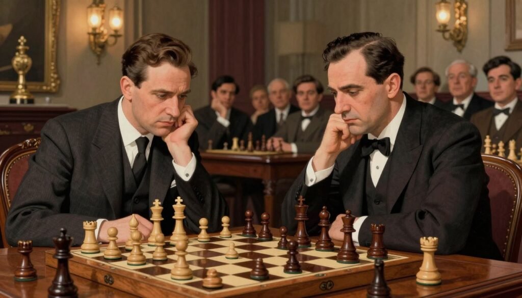 A dramatic chess match scene set in Buenos Aires, 1927, featuring two distinguished players deep in thought. In the foreground, a close-up of a chessboard with intricately carved pieces, reflecting the tension of the game. The middle ground shows the two players, one resembling Alexander Alekhine in a tailored suit, engrossed in the match, while the other appears as his opponent, both with focused expressions. Their surroundings are adorned with elegant 1920s decor, including rich wooden furniture and warm, ambient lighting coming from ornate lamps. In the background, a captivated audience watches in hushed awe, encapsulating the atmosphere of anticipation and intellectual intensity. Soft shadows play across the scene, evoking a historic and grand feeling. This illustration captures the essence of Alekhine's pivotal moment as he rises to World Champion status. Created for Debsie.com.