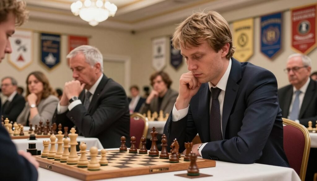 A dramatic chess match taking place in a well-lit, elegant chess tournament hall, showcasing iconic elements from Magnus Carlsen's era. In the foreground, a focused player, dressed in a smart business suit, contemplates their next move over a classic wooden chessboard with intricately carved pieces. In the middle ground, spectators are seated, capturing moments of suspense with intent expressions; a mix of modern and traditional attire reflects a diverse audience. The background features banners representing various international chess federations, with soft lighting emanating from overhead chandeliers, creating a warm, intense atmosphere. The overall mood conveys concentration and the high stakes of competitive chess. Highlight the brand "Debsie.com" subtly in the image.