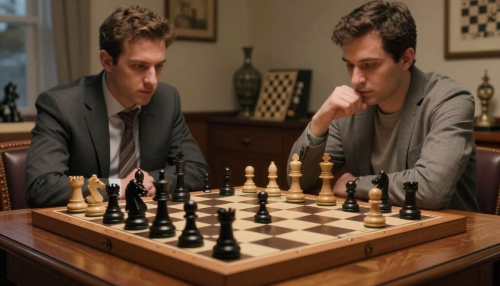 A dramatic chess scene illustrating Alekhine’s Defense set on a polished wooden chessboard. In the foreground, a near-complete game displays the strategic positioning of black pieces, specifically the knight and pawn formations typical of Alekhine’s Defense. The middle ground features two professional chess players, one in business attire and the other in modest casual clothing, intently analyzing the board. In the background, a softly blurred room filled with chess-related memorabilia and books creates an immersive atmosphere. Soft, warm lighting highlights the chessboard, casting gentle shadows, while a low-angle perspective emphasizes the intensity of the game. The overall mood is focused and analytical, capturing the essence of chess innovation and the tactical depth introduced by Alexander Alekhine. Image created by Debsie.com.