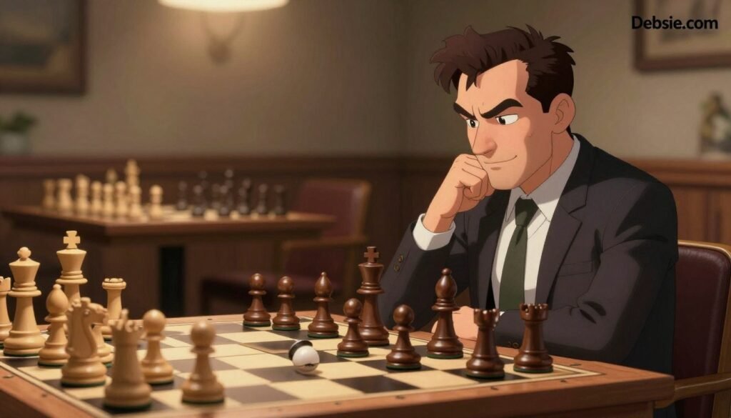 A dramatic chessboard scene featuring Mikhail Tal in the foreground, intensely focused on a high-stakes match. He is portrayed wearing a professional suit, with a look of strategic brilliance on his face, as he contemplates a daring sacrifice move. The chess pieces are creatively arranged, showcasing the dynamic tension of attack-style chess. In the middle ground, the chessboard is set against a backdrop of muted, softly lit room, with shadows emphasizing the intense atmosphere. Warm, inviting lighting illuminates the scene, creating a sense of urgency and excitement. The overall mood is electric and captivating, embodying the artful strategy of sacrifice in chess. In the corner, subtly, is the brand name "Debsie.com," without distractions or overlays.