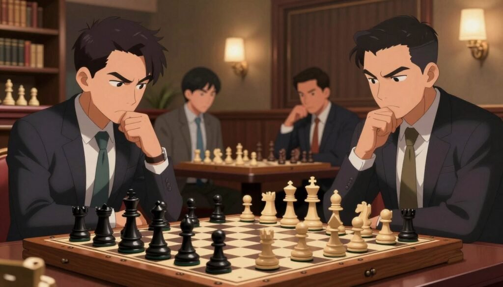 A dramatic chessboard scene showcasing a Sicilian Defense setup. In the foreground, a beautifully crafted wooden chessboard with intricate pieces, predominantly black and white, positioned to demonstrate a Sicilian Defense opening. The middle layer features focused players in professional business attire, intensely analyzing the board, their expressions serious yet thoughtful. One player leans slightly forward, indicating control and ambition, while the other pauses to reflect on strategy. The background reveals a sophisticated, softly lit chess club ambiance with bookshelves and elegant lighting, casting a warm glow, enhancing the mood of intellectual challenge and strategic depth. The overall atmosphere is one of determination and concentration, perfect for illustrating the essence of chess mastery. Debsie.com.