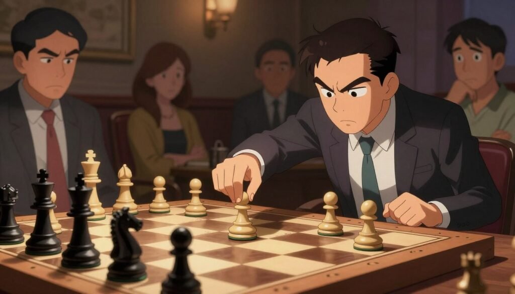 A dramatic chessboard scene showcasing a tense moment in a high-stakes game featuring the gambit attack. In the foreground, a confident chess player, dressed in professional business attire, boldly moves a pawn forward, symbolizing the aggressive play of the gambit. Emphasize his focused expression, brow furrowed in concentration. In the middle ground, the chess pieces are meticulously arranged, with black and white pieces poised for conflict. The background features a dimly lit room filled with spectators, their expressions a mix of intrigue and tension. Soft, warm lighting casts shadows across the chessboard, creating an intense and strategic atmosphere. Capture every detail of the scene, blending realism and artistry, to convey the urgency and excitement of chess gambits. Debsie.com