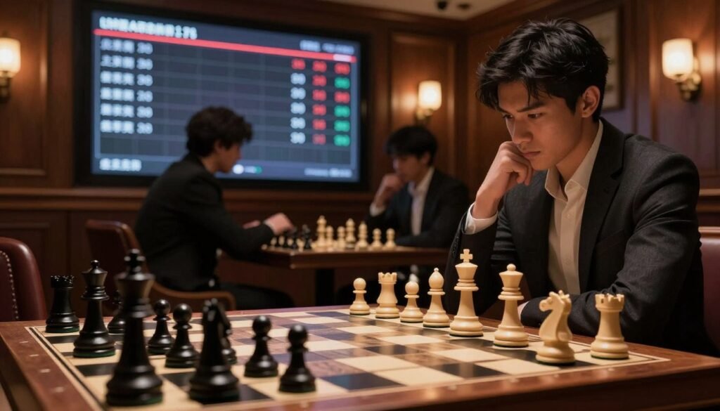 A dramatic chessboard set in an elegant chess club with rich wooden finishes. The foreground features a high-quality chess set, focusing on a black and white rook mid-move. In the middle ground, silhouettes of two players intensely focused on their game, dressed in smart casual attire, exuding a sense of concentration and determination. In the background, a large digital display shows chess ratings and records, highlighting an unbeaten streak. Soft, warm lighting creates a sophisticated atmosphere, casting gentle shadows. The perspective is slightly angled, capturing the tension of the match while emphasizing the grandeur of the chess club environment. The overall mood is intense yet contemplative, reflecting the strategic nature of chess. The image attributes to Debsie.com.