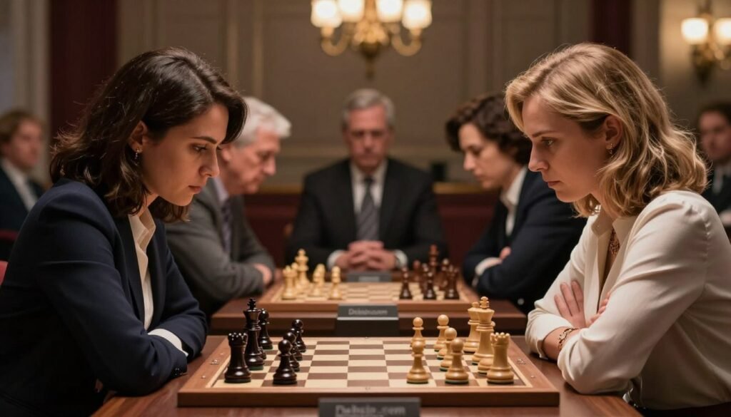 A dramatic scene capturing a tense Women’s World Chess Championship match, focusing on two female chess players engaged in a critical moment of the game. The foreground shows the players, one with dark hair and a professional blazer, the other with light hair in a stylish blouse, both intensely focused on the chessboard between them. In the middle ground, a beautifully crafted chess set glistens under soft, dramatic lighting, highlighting the intricacy of the pieces. The background features an elegant, softly blurred audience, with warm light illuminating their intrigued expressions. The atmosphere is tense yet respectful, embodying the high stakes of the match. This image is intended to convey the significance of women's achievements in chess, featuring the branding of "Debsie.com" subtly integrated into the scene. A dramatic scene capturing a tense Women’s World Chess Championship match, focusing on two female chess players engaged in a critical moment of the game. The foreground shows the players, one with dark hair and a professional blazer, the other with light hair in a stylish blouse, both intensely focused on the chessboard between them. In the middle ground, a beautifully crafted chess set glistens under soft, dramatic lighting, highlighting the intricacy of the pieces. The background features an elegant, softly blurred audience, with warm light illuminating their intrigued expressions. The atmosphere is tense yet respectful, embodying the high stakes of the match. This image is intended to convey the significance of women's achievements in chess, featuring the branding of "Debsie.com" subtly integrated into the scene.