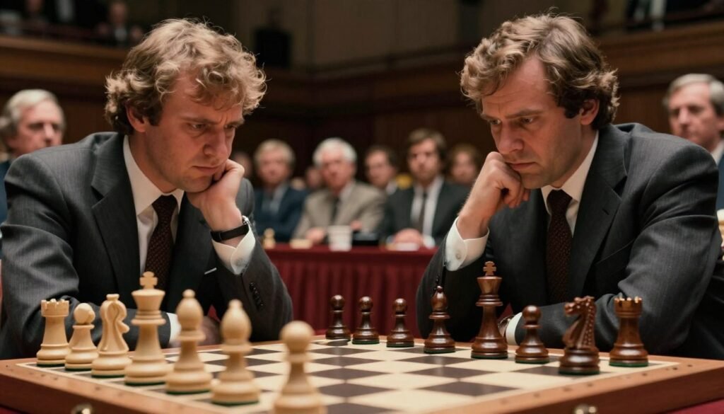 A dramatic scene capturing the intensity of the 1972 "Match of the Century" in Reykjavik between Bobby Fischer and Boris Spassky. In the foreground, show a chessboard with intricately carved pieces, prominently featuring Fischer’s iconic white pawn and Spassky’s dark bishop in the middle of a fierce battle. The middle ground should depict the two chess masters focused and deep in thought, dressed in professional business attire, with furrowed brows and contemplative expressions. The background should suggest the venue, with spectators in a softly blurred audience, illuminated by warm lighting that highlights the tension in the air. Use a cinematic angle to evoke a sense of grandeur and importance, capturing the historical significance of the moment. --v 5 --ar 16:9 --q 2 --style 4b --by Debsie.com