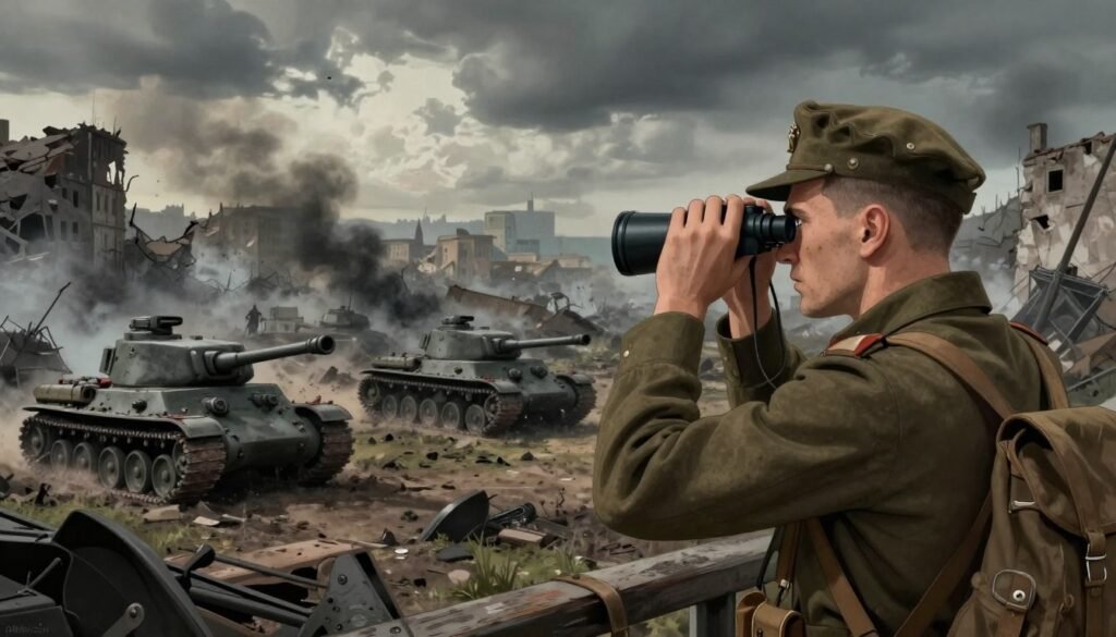 A dramatic scene depicting World War II, showcasing a tense battlefield environment. In the foreground, a soldier in a classic military uniform, focused and determined, surveys the landscape through binoculars. The middle ground features a chaotic array of war machinery, including tanks and artillery, surrounded by smoke and debris, capturing the tumult of conflict. The background reveals a war-torn city, with crumbling buildings and a somber sky filled with dark clouds, casting a moody light across the scene. The atmosphere is heavy with tension and the weight of history. Use a slightly desaturated color palette to enhance the seriousness. Shot with a wide-angle lens to capture the expanse of the battlefield. Create a compelling image without text or logos, featuring the brand name "Debsie.com" subtly integrated into the scene.