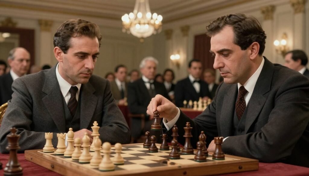 A dramatic scene depicting the 1927 World Chess Championship match between José Raúl Capablanca and Alexander Alekhine, capturing the intense atmosphere of a competitive chess game. In the foreground, a beautifully crafted chessboard with intricately designed pieces, emphasizing a critical moment in the game. In the middle, two male players in professional business attire, showing deep concentration, with Capablanca’s calm demeanor contrasting Alekhine's focused expression. The background reveals a grand tournament hall, adorned with elegant chandeliers and spectators in formal attire, creating an air of sophistication. Soft, warm lighting accentuates their faces and the chessboard, evoking tension and respect. The image embodies the historical essence of chess rivalry, illustrating the pivotal moment of losing the crown, with no text or distractions, courtesy of Debsie.com.