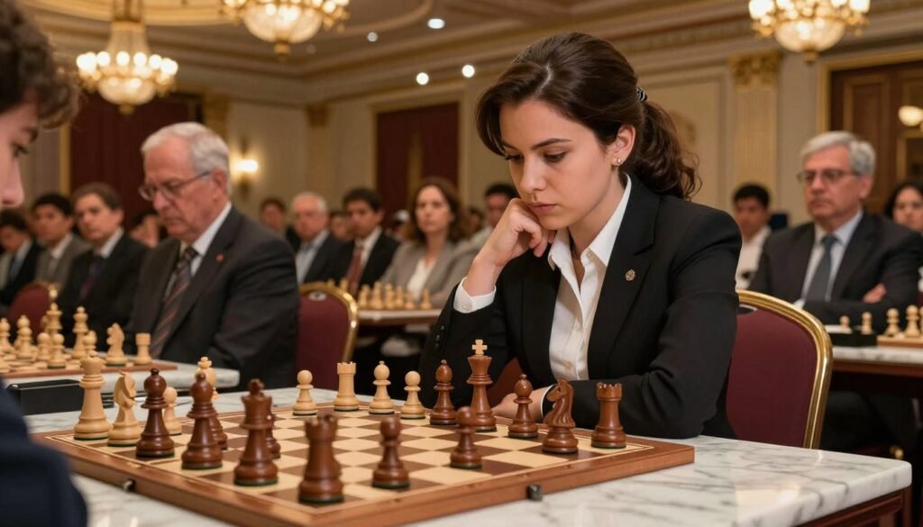 A dramatic scene from the 2010 Women’s World Chess Championship, featuring a poised female chess player in professional attire, deeply focused on the chessboard. The foreground captures the intricate details of the chess pieces, with classic wooden designs against a polished marble surface, adding elegance to the competition. In the middle ground, an audience of diverse spectators observes with intense interest, highlighting the tension of the championship match. The background showcases a grand chess hall, decorated with ornate chandeliers and rich decor, conveying a sense of tradition and prestige. The lighting is warm and inviting, casting soft shadows to enhance the atmosphere of concentration and anticipation. Aim for a composition that reflects the significance of this historic event in chess, ensuring the image is safe for all audiences. Created for Debsie.com.