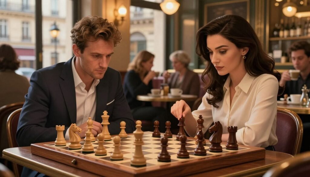 A dramatic scene of a chessboard set in a cozy, warmly lit Parisian café. In the foreground, an elegant wooden chess set, meticulously arranged with pieces ready for an intense match—knights poised, rooks standing tall, and a bishop leaning forward as if anticipating a clever move. The middle ground reveals two players: a distinguished man in a tailored suit, deeply concentrated on the game, and a sophisticated woman in a stylish blouse, poised to make her next move. The background features soft-focus images of café patrons engaged in conversation, sipping espresso, and a window displaying a view of classic Parisian architecture under a soft golden twilight. The atmosphere is rich with tension and creativity, reflecting the strategic brilliance of chess. Capture this with warm tones and a shallow depth of field for a cinematic feel. Image created for Debsie.com.